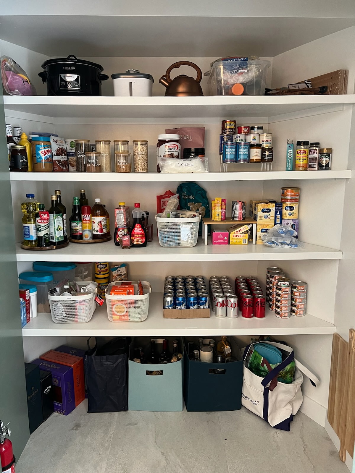 Organized pantry shelves with bins and cans