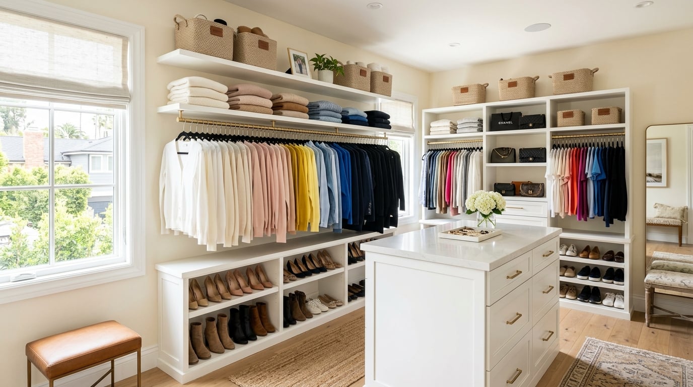 Before and after of a West LA primary closet organized by A Place For It All.