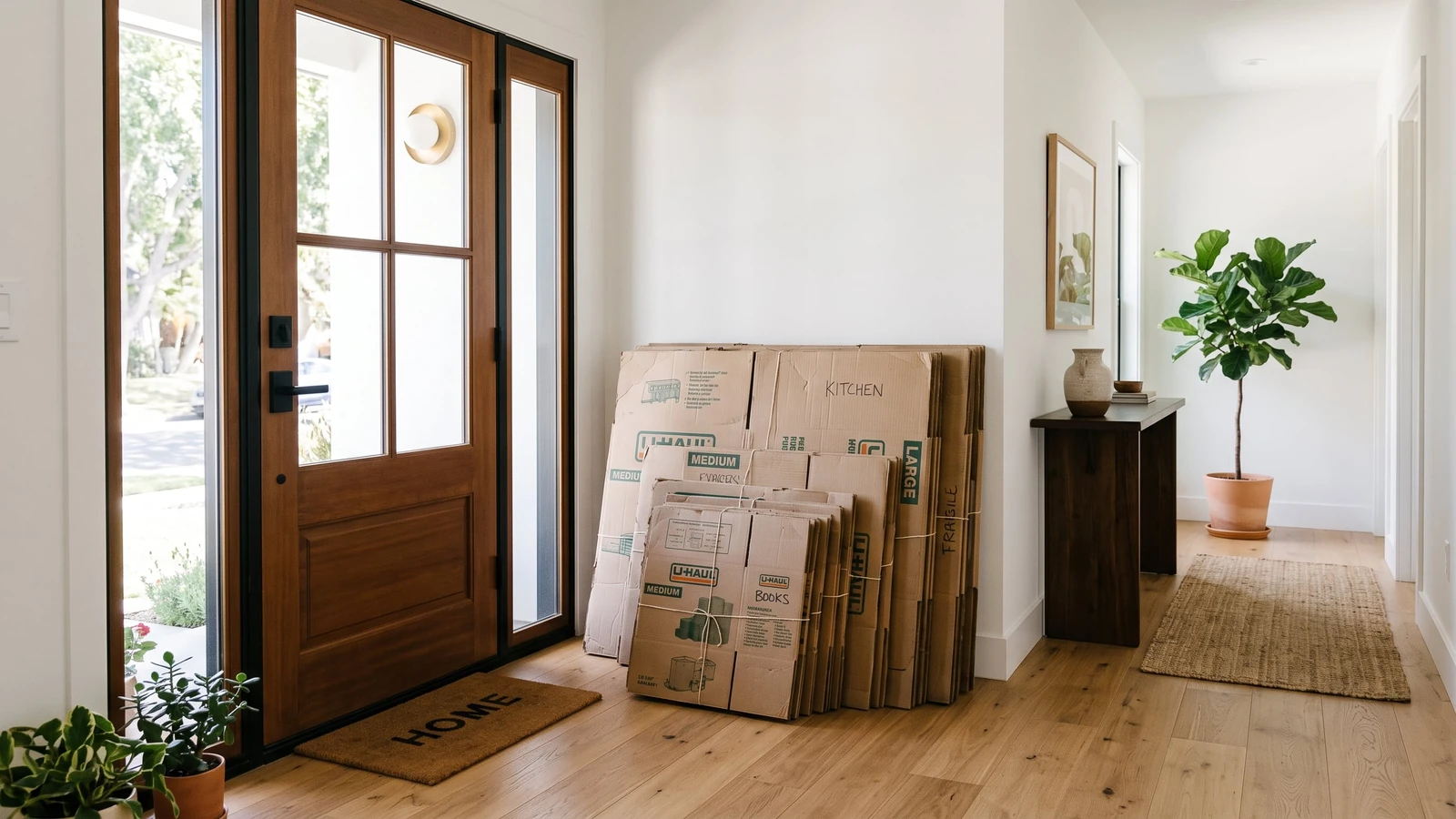 Flattened moving boxes removed same day by A Place For It All move-in unpacking team.