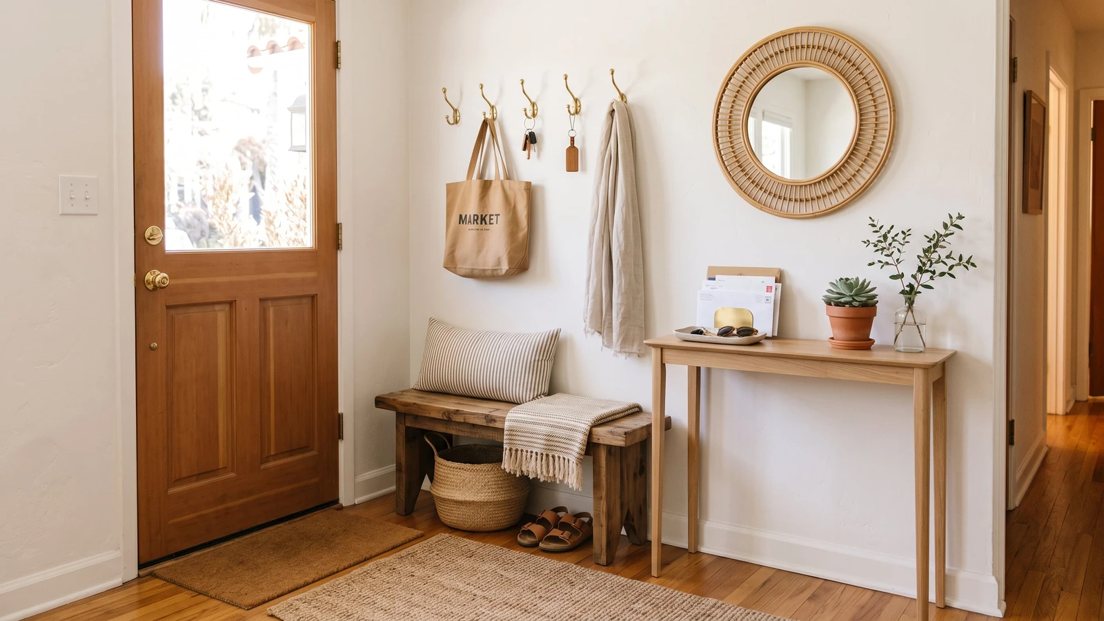 Labeled entryway drop zone installed after a move-in in Los Angeles.