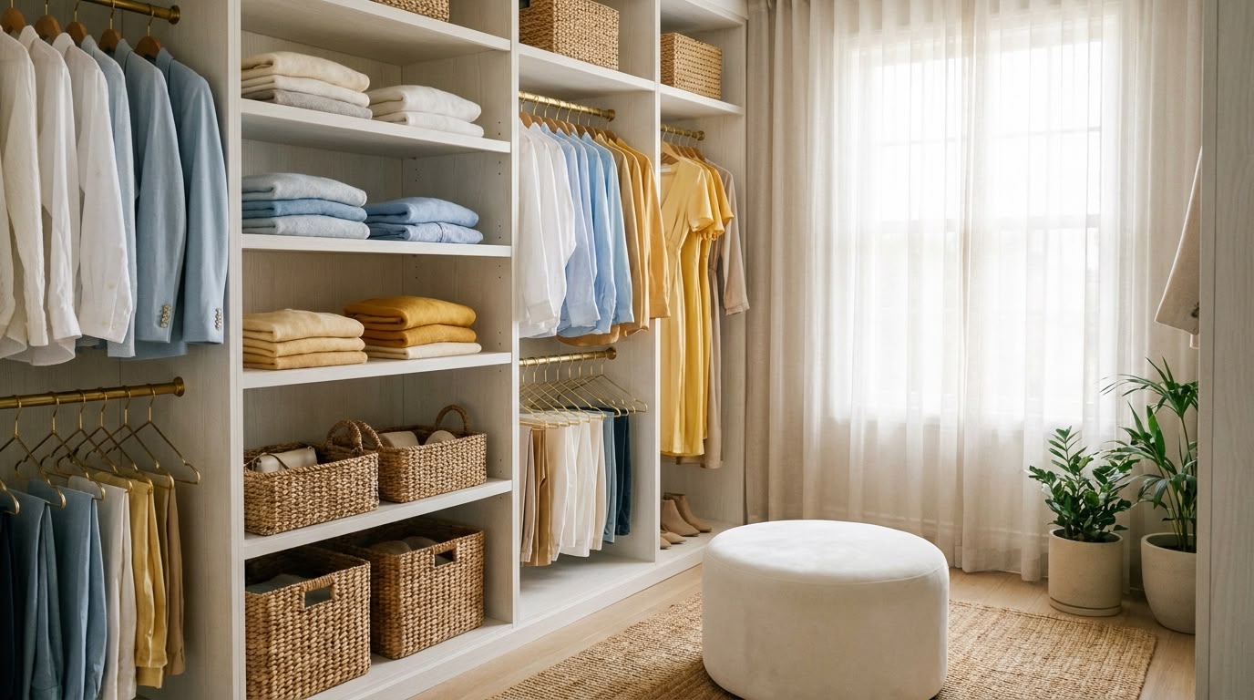 Beautifully organized walk-in closet with neatly folded clothes and hanging garments