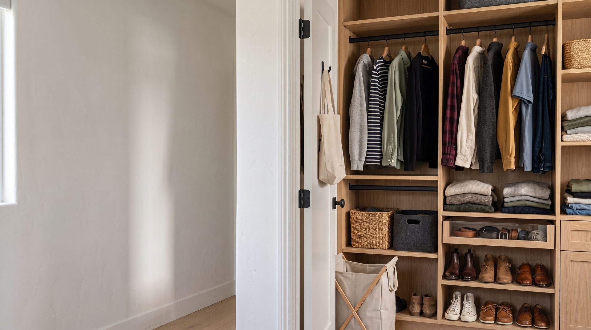 Beautifully organized closet with neatly hung shirts, folded sweaters and a shoe shelf