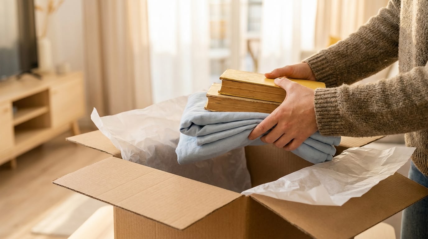 Hands unpacking books and folded linens from a moving box during a home move-in